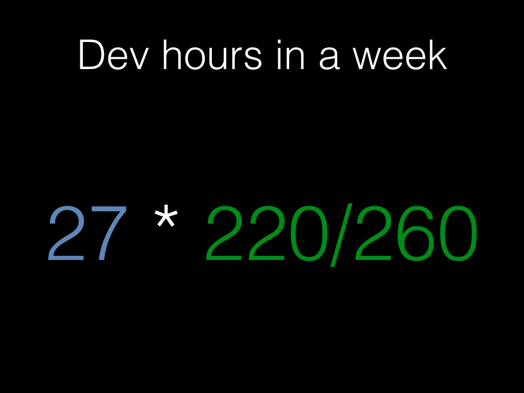 27 * 220 / 260, because we need to adjust the idealised week of 27 / 40 development hours to take account of all the time out of the office during the year.